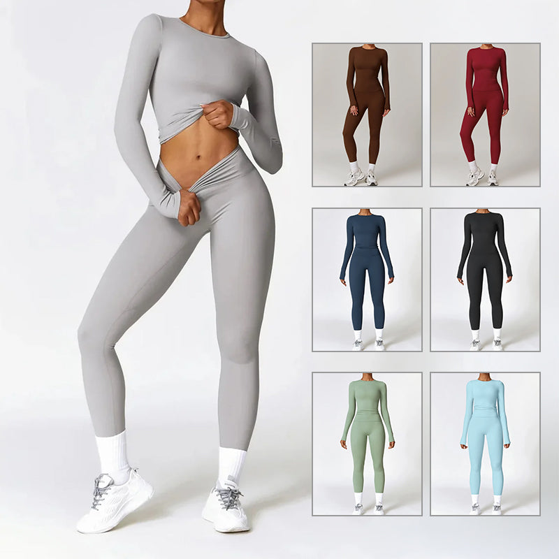 Veloria Sculpt Pro Activewear Set — Long Sleeve Top & High Waist Leggings