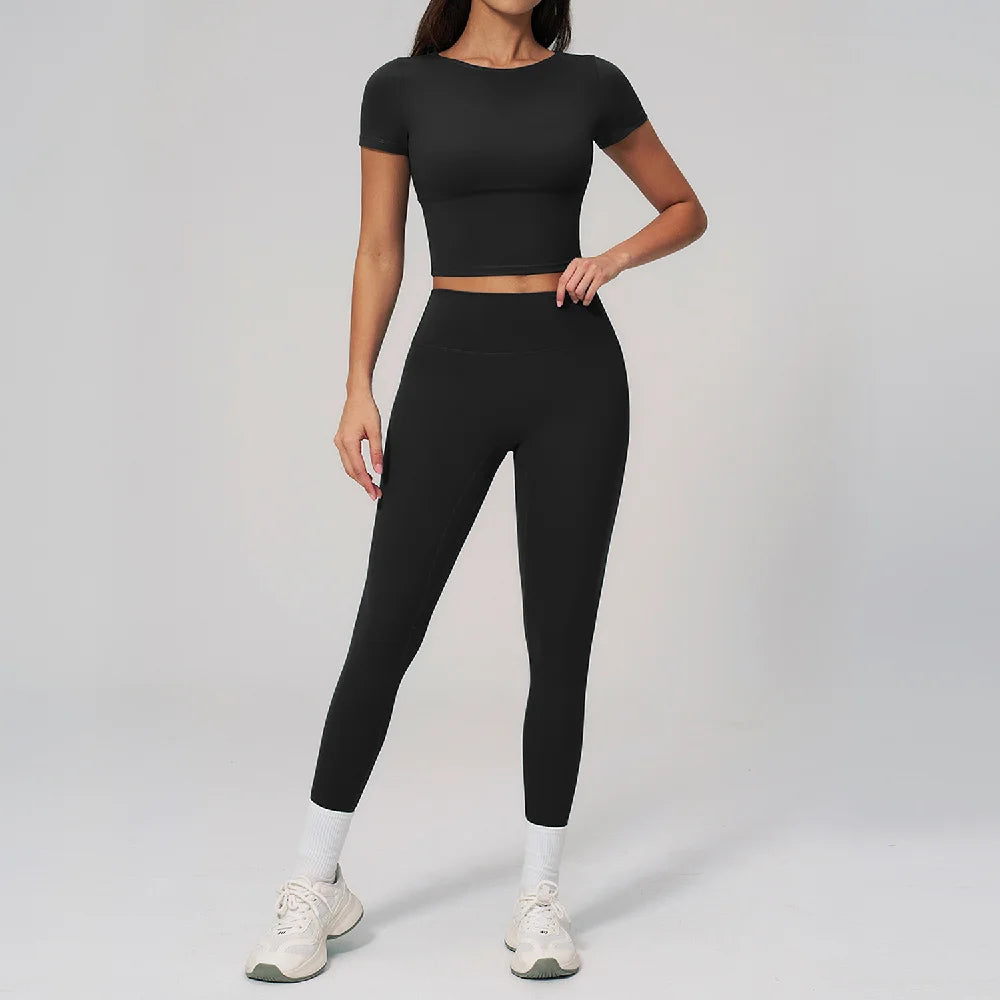 Yoga Clothing 2-Piece Set Fitness Suit Slim Yoga Short Sleeve Fitness Suit Running Sports Leggings Women Quick Drying Tracksuits