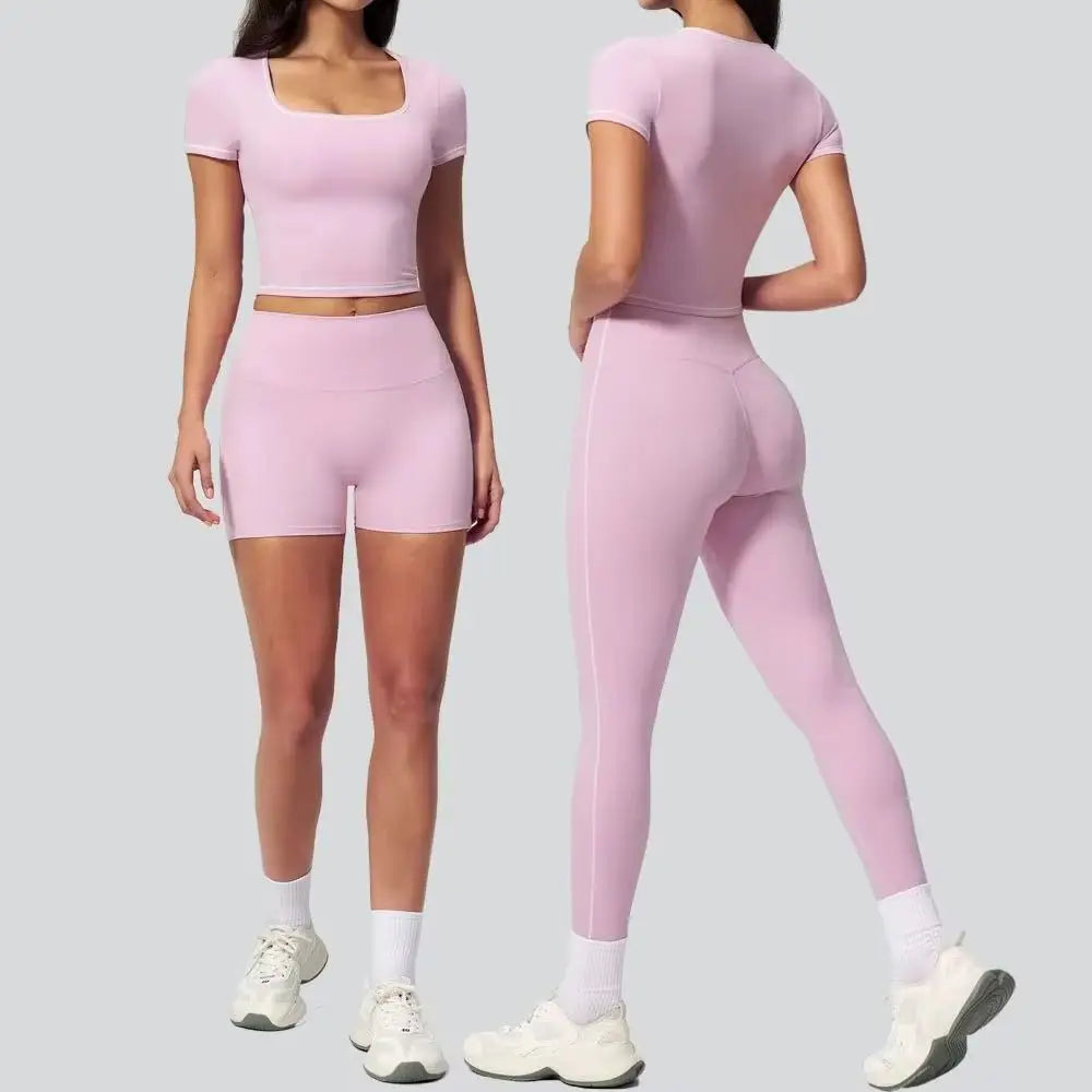 2Pcs Women'S Sliming Yoga Suit Pilates Exercise Set Crop Exposed Short Sleeve Leggings Yoga Clothes Outdoor Cycling Tracksuits