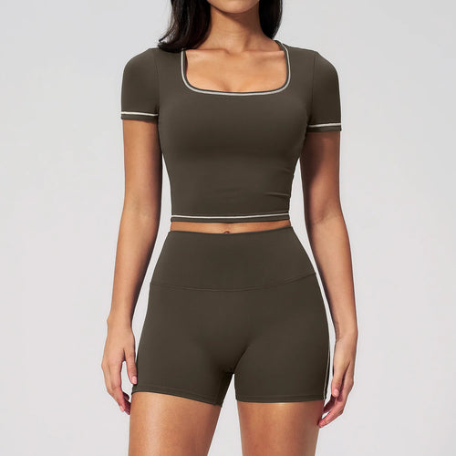 2Pcs Women'S Sliming Yoga Suit Pilates Exercise Set Crop Exposed Short Sleeve Leggings Yoga Clothes Outdoor Cycling Tracksuits