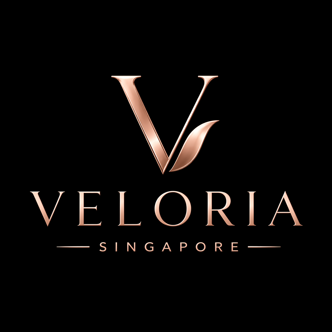 Veloria Singapore logo with rose gold letter 'V' and brand name on a black background